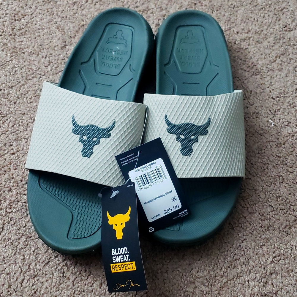Under Armour UA Project Rock Slides 2.0 Military Green Grey Michelin Gripper